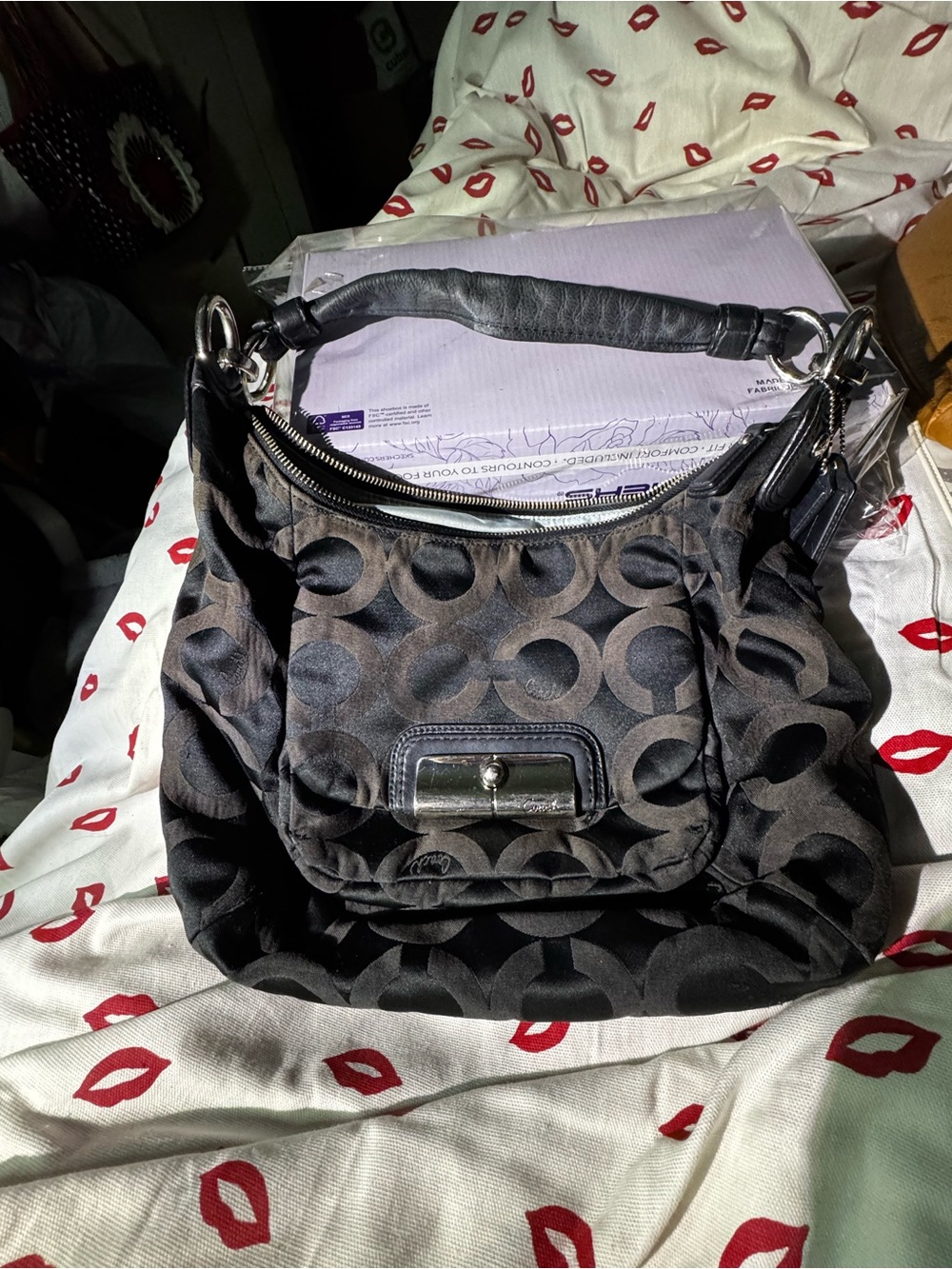 COACH KristinSignature Op Art Hobo Black Sateen light blue interior EUC w. Tag